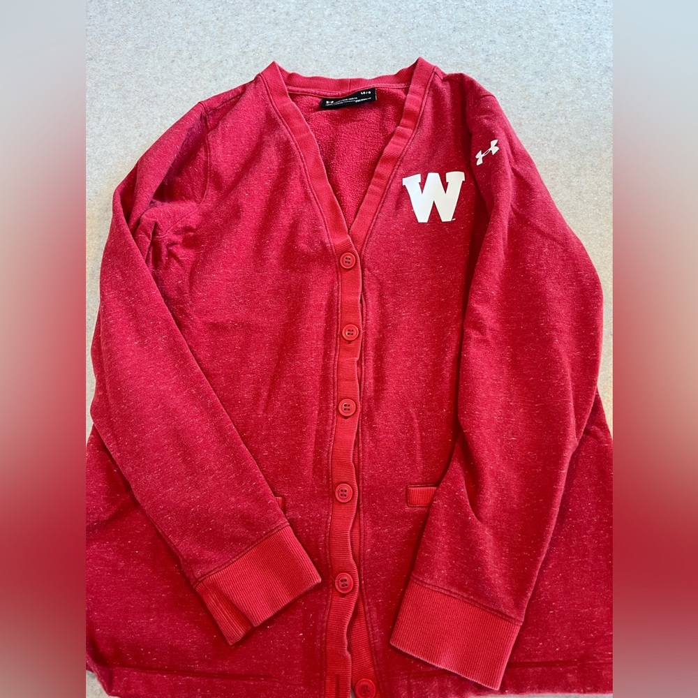 Under Armour Women's Red Button Cardigan with White 'W'  - Wisconsin Badgers